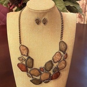 Necklace Earrings Crystal Tri-Color Olive Ginger Latte Bib Gold Necklace # 264